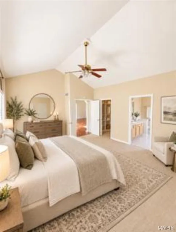 Vaulted ceiling with a ceiling fan, light-toned carpeting, and a prominent doorway, virtually staged — 1605 Ridge Bend Drive, Glencoe, MO 63038