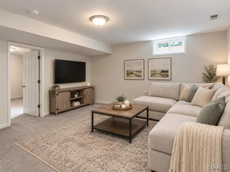 Recessed window, ceiling-mounted light fixture, light-toned wall paint, neutral-toned carpeting, and a built-in media console — 857 Du Pre Court, St Peters, MO 63376