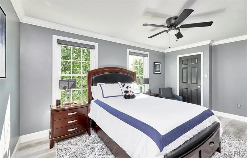 Bright secondary bedroom featuring multiple windows with natural light, light wood-finish flooring, soft gray walls with white trim, wood dresser, ceiling fan with integrated lighting, and direct access to a hallway with additional closet storage — 264 Greenshire Lane, Dardenne Prairie, MO 63368