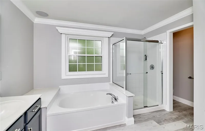 Built-in soaking tub, glass-enclosed shower, wall-mounted showerhead, and wood-finish flooring — 264 Greenshire Lane, Dardenne Prairie, MO 63368