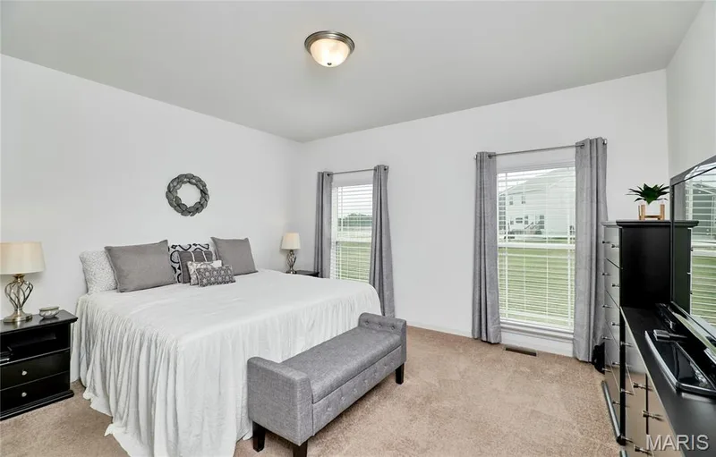 Recessed ceiling light fixture, two windows with blinds and curtain rods, and carpeted flooring — 305 Copperfield Court, St Charles, MO 63301