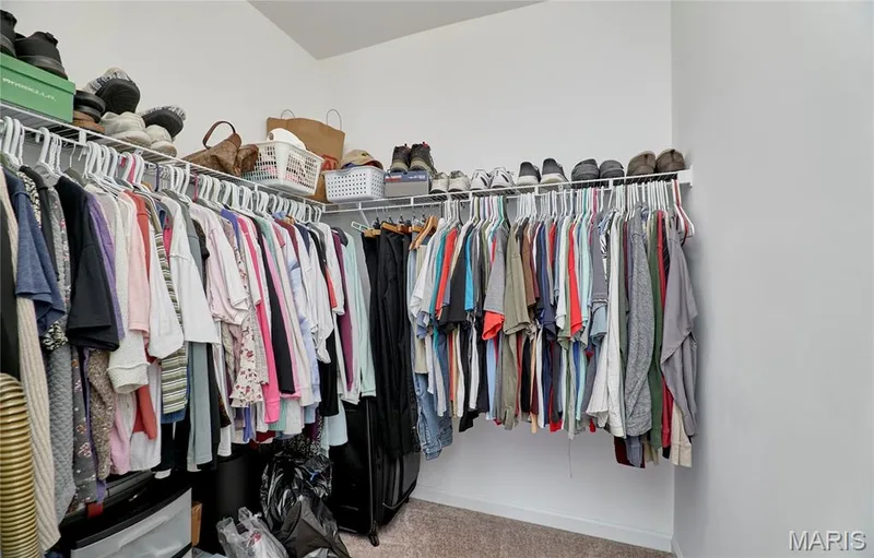 Walk-in closet featuring built-in wire shelving, hanging rods, and carpet flooring — 305 Copperfield Court, St Charles, MO 63301