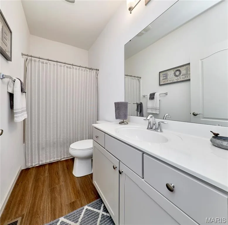 White vanity with a single basin sink, chrome faucet, and integrated countertop — 305 Copperfield Court, St Charles, MO 63301