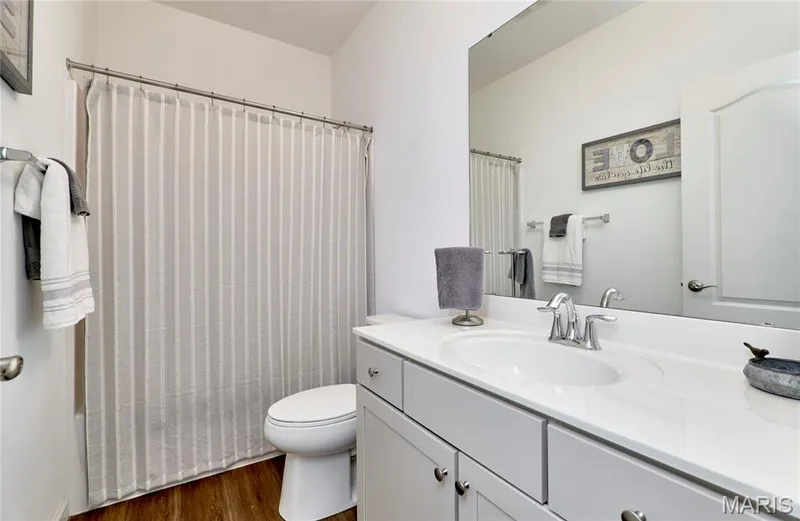 Wood-finish flooring, white vanity with integrated sink, chrome faucet, and expansive wall mirror — 305 Copperfield Court, St Charles, MO 63301