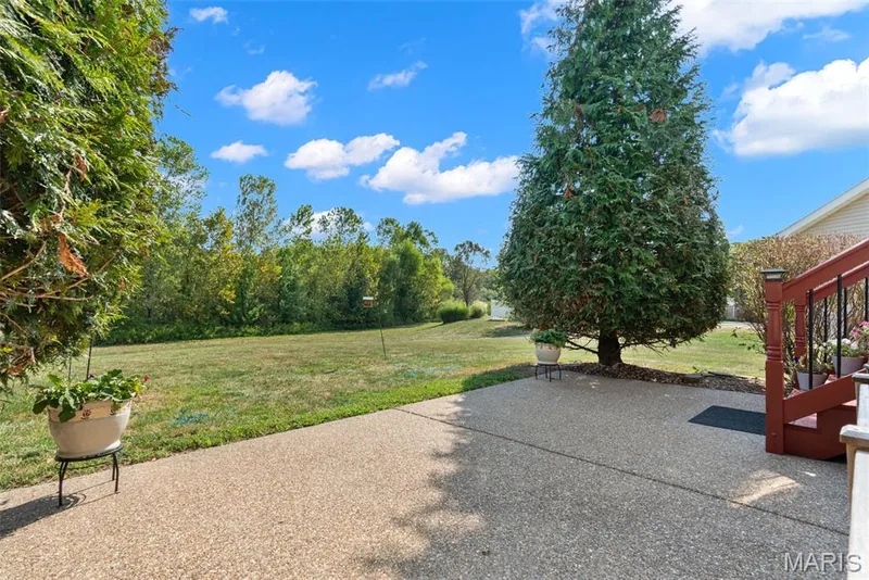 Framed by mature trees, the backyard offers a serene view of nature. Spacious patio for entertaining. — 166 Brushy Brook Drive, O'Fallon, MO 63366