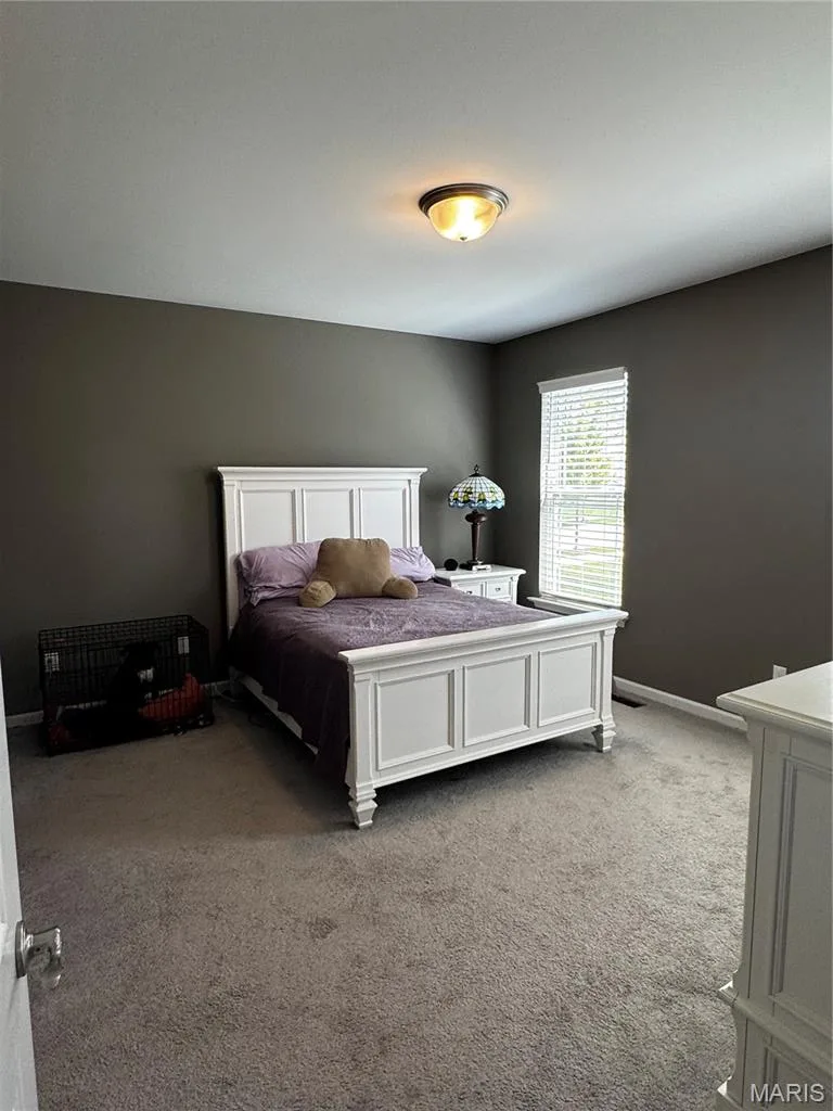 Recessed window with blinds, wall-mounted light fixture, and gray wall paint — 401 Copperfield Court, St Charles, MO 63301