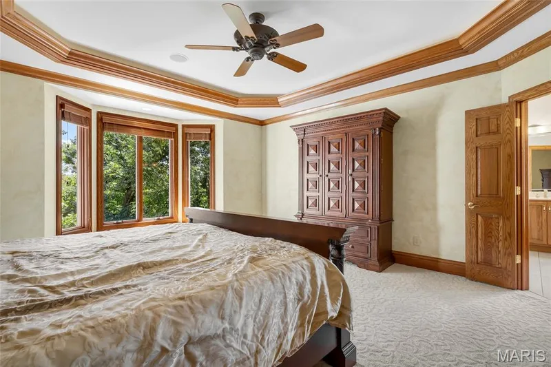 The spacious primary suite features a beautiful tray ceiling, extensive crown molding, and a peaceful atmosphere designed for relaxation. — 4030 Austin Drive, St Charles, MO 63304