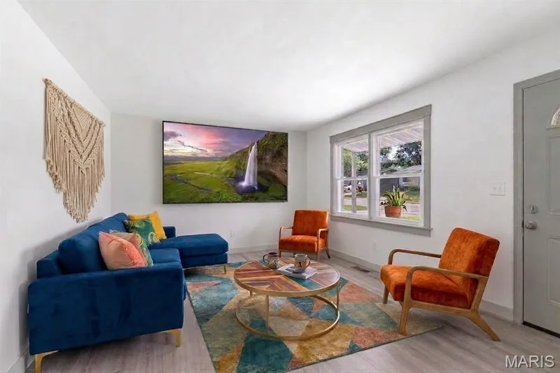 Virtually Staged - Living Room with retro 70's decor — 3424 La Salle Drive, St Charles, MO 63301
