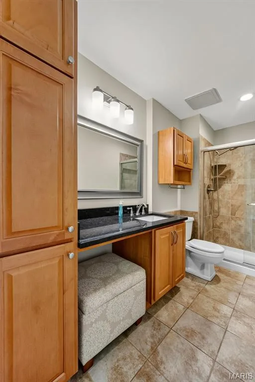 Master bathroom featuring warm wood cabinetry, black countertops, a large framed mirror with integrated lighting, and a walk-in shower with tile surround and glass enclosure — 19 Novella Drive, St Peters, MO 63376