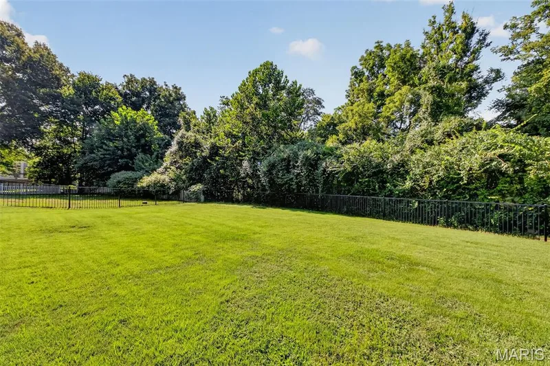 Expansive green lawn with a black metal fence and mature trees — 19 Novella Drive, St Peters, MO 63376