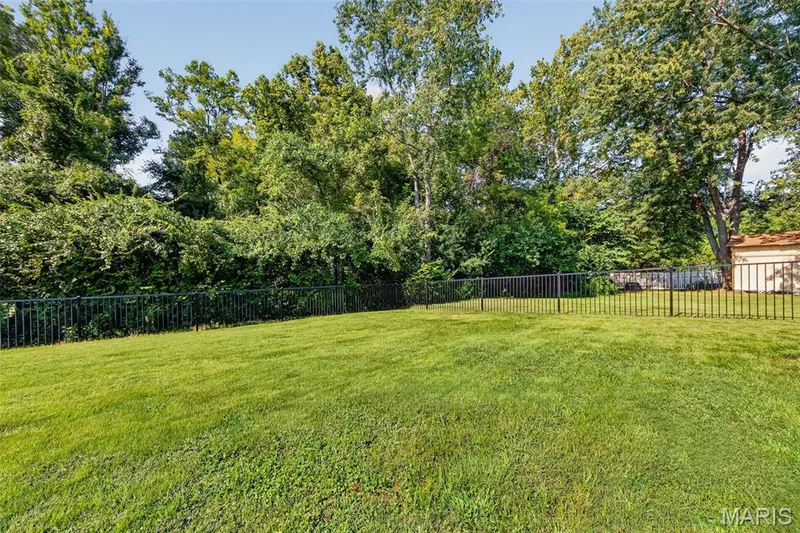 Expansive backyard with a manicured lawn, black metal fencing, and mature perimeter trees — 19 Novella Drive, St Peters, MO 63376