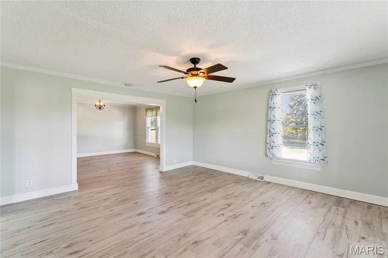 Wood-finish flooring, ceiling fan with integrated lighting, a window with natural light, and a cased opening to an additional room — 435 Highway T, Foristell, MO 63348