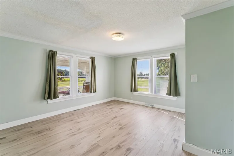 Wood-finish flooring, multiple windows, crown molding, and a ceiling-mounted light fixture — 435 Highway T, Foristell, MO 63348
