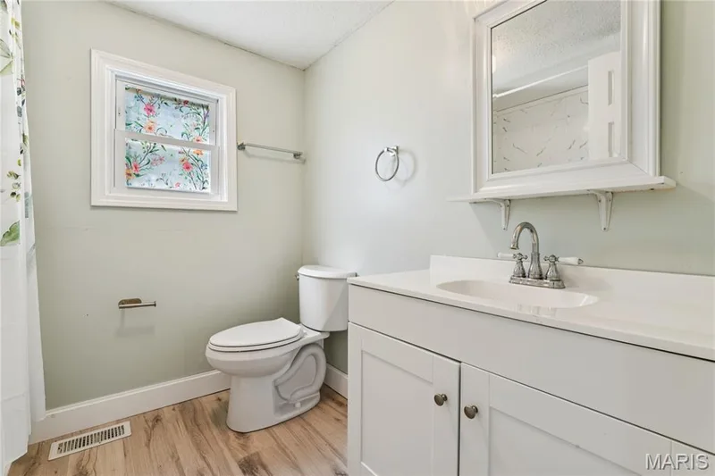 White vanity with an integrated sink and chrome faucet, framed mirror, and wood-finish flooring — 435 Highway T, Foristell, MO 63348