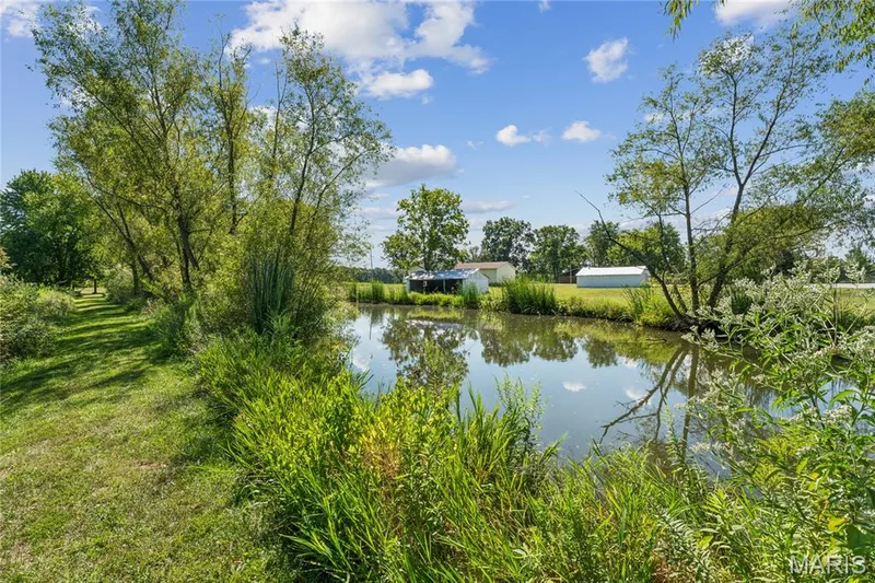 Serene waterfront setting with mature trees lining the property, lush manicured lawn, and tranquil pond frontage reflecting clear skies — 435 Highway T, Foristell, MO 63348