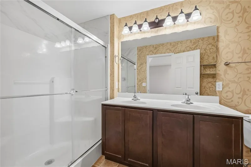 Shower and Raised Height Double Bowl Vanity in Primary Bath — 1700 Coupru Court, St Peters, MO 63376