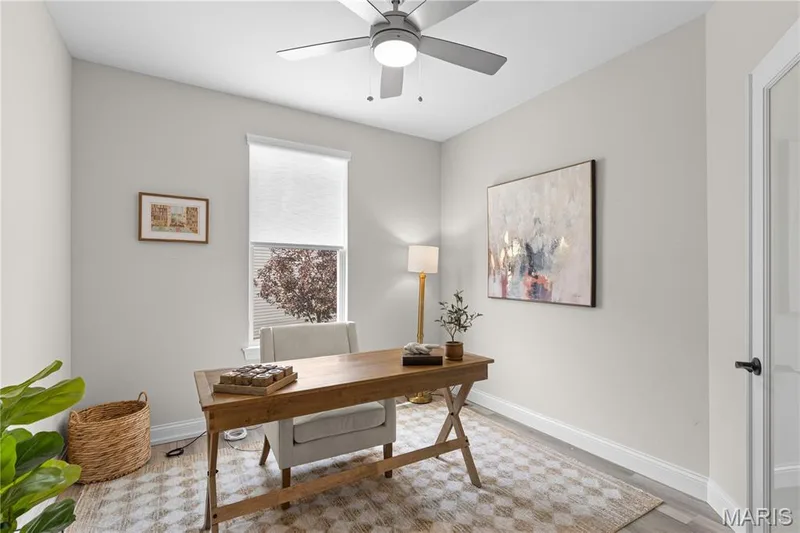 Den, Nursery, or Flex Room. Whatever you want it to be. French frosted doors, recessed lighting, ceiling fan with integrated light, new window with roller shades. — 89 Alta Mira Court, Dardenne Prairie, MO 63368