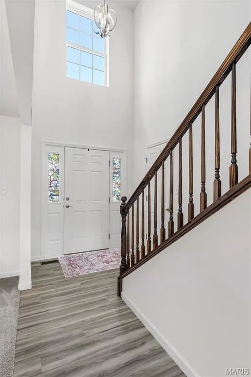 Two-story foyer with transom window, white double entry doors with decorative sidelights, wood-finish flooring, and a chandelier — 337 White Orchid Court, Wentzville, MO 63385