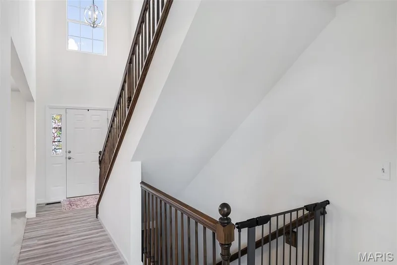 Two-story foyer with wood-finish flooring, a white paneled entry door, and a decorative transom window — 337 White Orchid Court, Wentzville, MO 63385