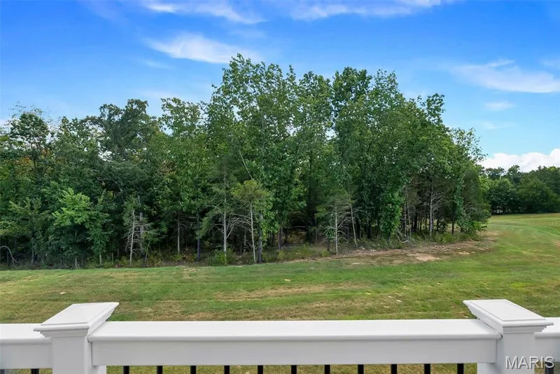 White deck railing with dark balusters overlooking a natural landscape of mature trees and expansive grass areas — 337 White Orchid Court, Wentzville, MO 63385