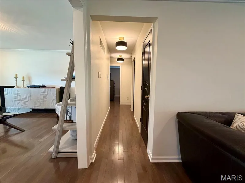Rich wood-finish flooring extending throughout, contemporary flush-mount lighting fixtures, crisp white baseboards, and a contrasting dark paneled door — 584 Sunbridge Drive, Chesterfield, MO 63017
