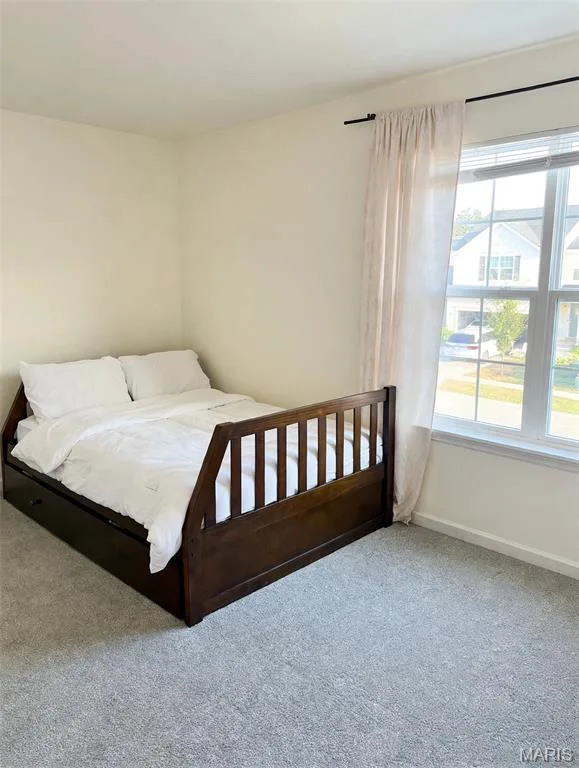 Window with horizontal blinds, light-toned walls, and grey carpeting — 157 Day Lily Lane, Wentzville, MO 63385