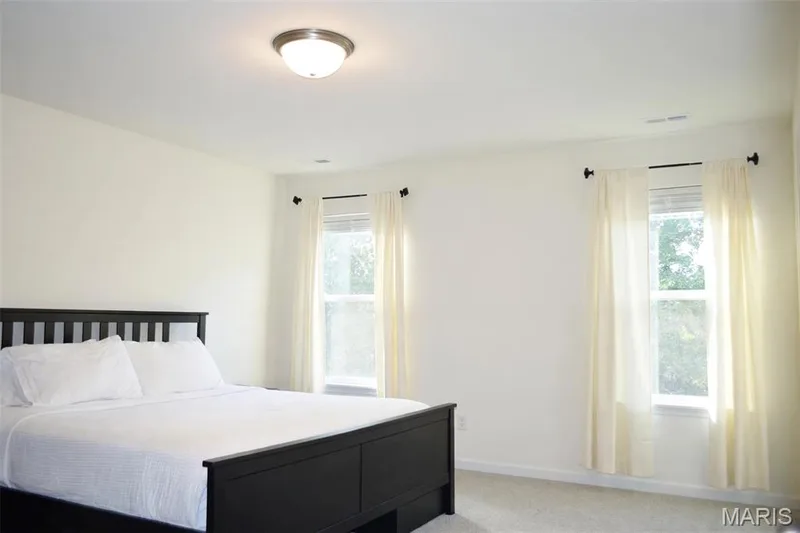 Two windows with white trim, a flush mount ceiling light fixture, and light-colored wall-to-wall carpeting — 157 Day Lily Lane, Wentzville, MO 63385