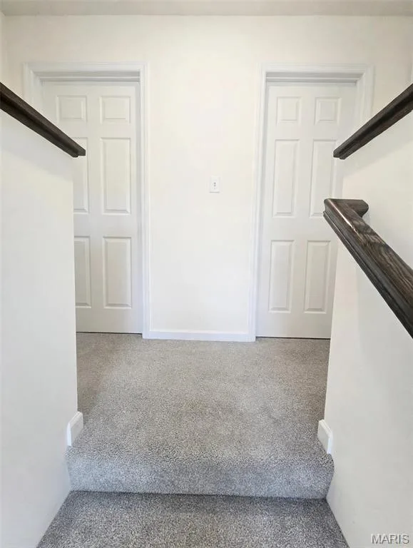 Gray carpeted flooring with white wall finishes, white trim, and two paneled doors with white frames — 157 Day Lily Lane, Wentzville, MO 63385