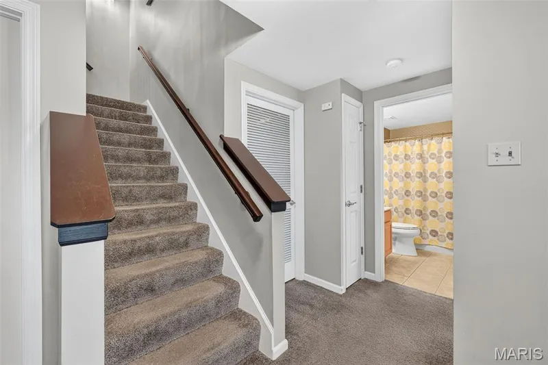 Carpeted staircase with dark wood-finish handrails to basement recreation room — 14737 Ladue Bluffs Crossing Drive, Chesterfield, MO 63017