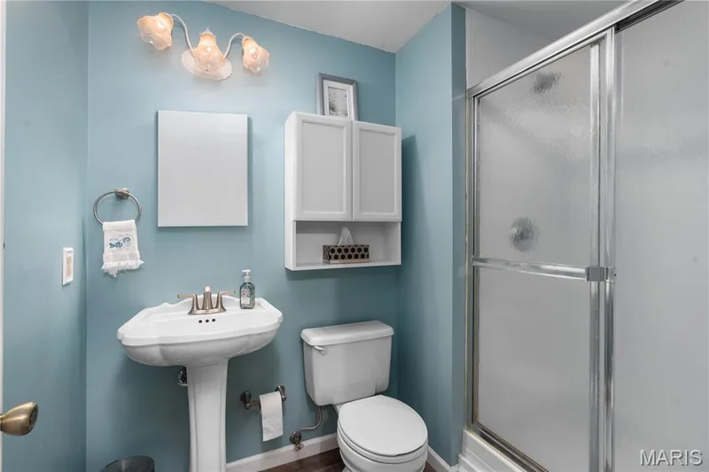 Pedestal sink with brushed nickel faucet, wall-mounted mirror, white wall cabinet with open shelving, toilet, and shower with sliding frosted glass door — 19342 Dogwood Valley Court, Wildwood, MO 63038