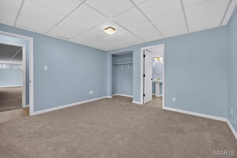 Carpeted flooring, recessed ceiling with tile, flush mount lighting, open closet space, and a pedestal sink in an adjoining room — 89 Gregory Court, Wentzville, MO 63385