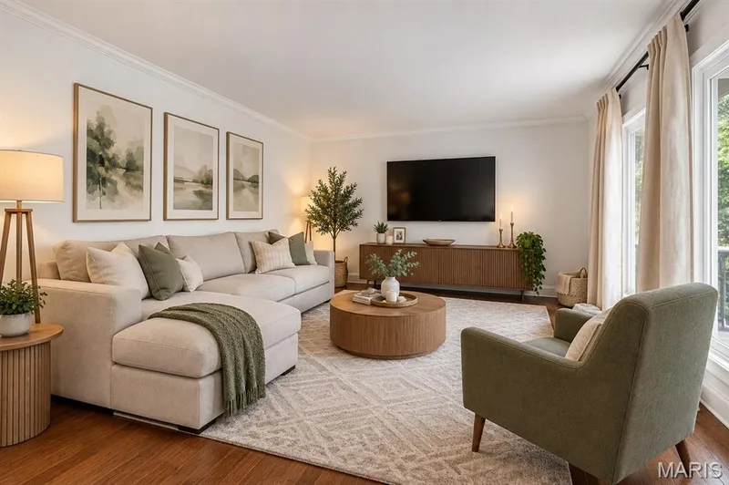 Virtually staged: Hardwood flooring, crown molding, and large windows — 113 Christine Cay Court, St Charles, MO 63304