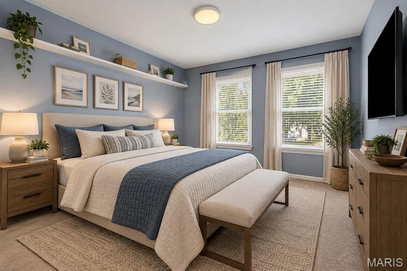 Virtually staged-Built-in wall shelving, two windows with blinds, a wall-mounted display, and a flush mount ceiling light — 113 Christine Cay Court, St Charles, MO 63304