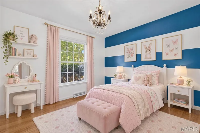 Virtually staged third bedroom, incorporating the room's existing blue-striped walls. — 2913 Cypress Drive, St Charles, MO 63301