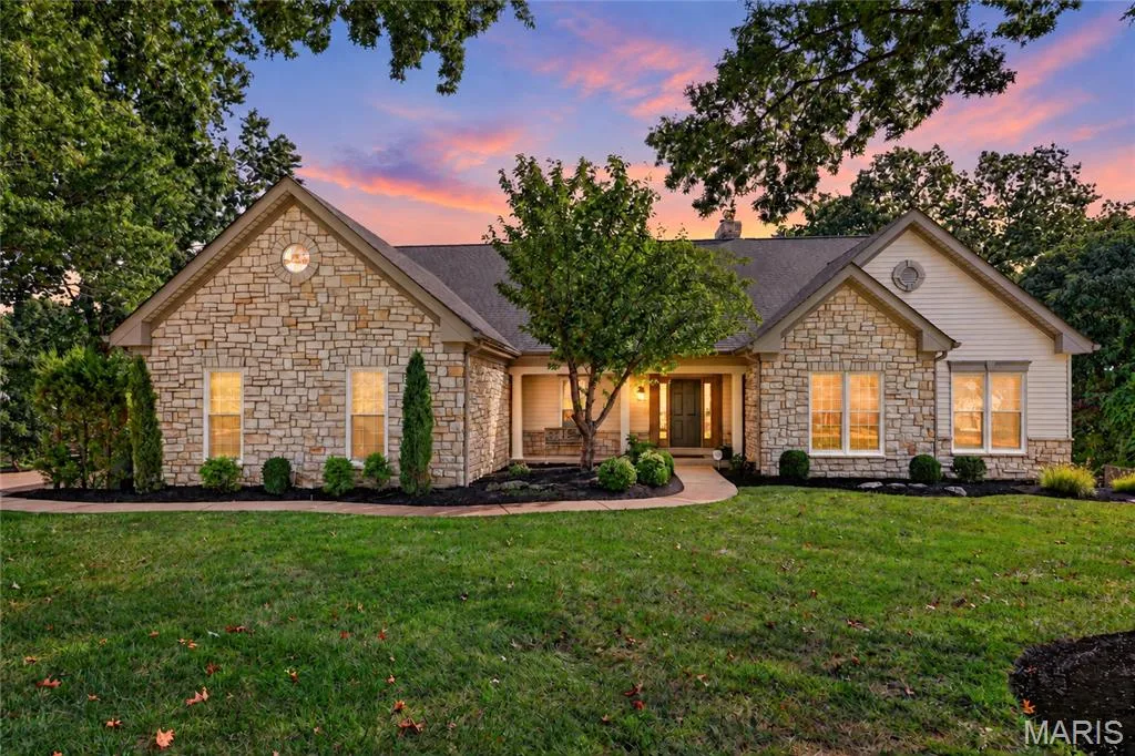 Stone and siding exterior with a gabled roofline — 17711 Birch Leaf Court, Chesterfield, MO 63005
