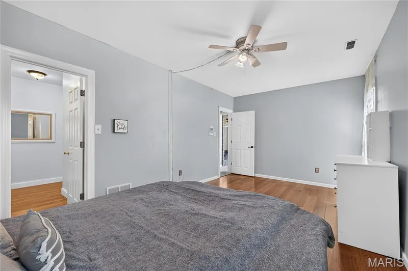 Wood-finish flooring, ceiling fan with integrated lighting, and multiple doorways — 17711 Birch Leaf Court, Chesterfield, MO 63005
