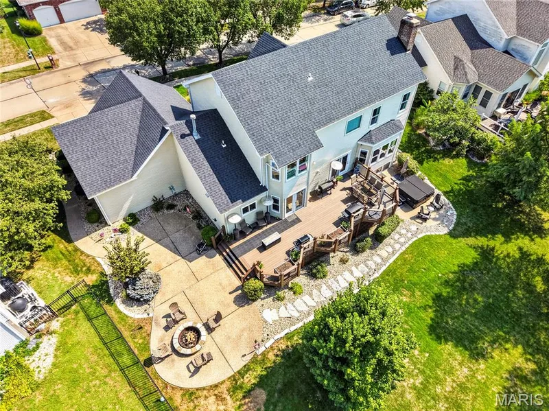 Drone view of deck and patio area. — 947 Crown Pointe Estates Drive, Wildwood, MO 63021