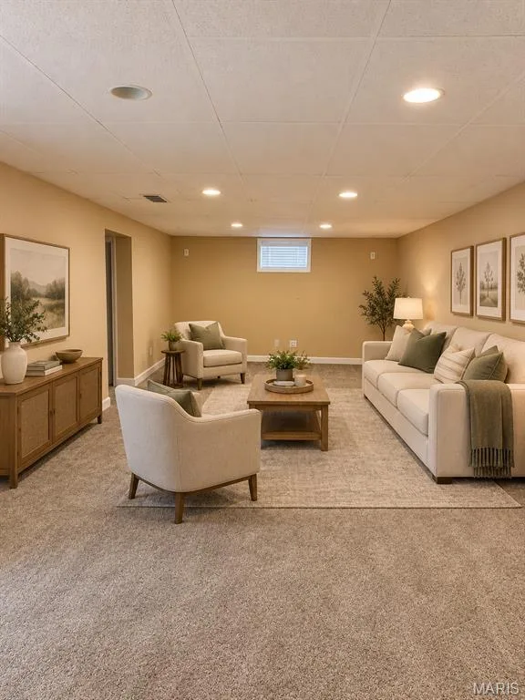 Recessed lighting, ceiling tiles, carpeted flooring, wall-mounted window, and neutral wall tones, staged virtually — 3 Fairfax Drive, St Peters, MO 63376