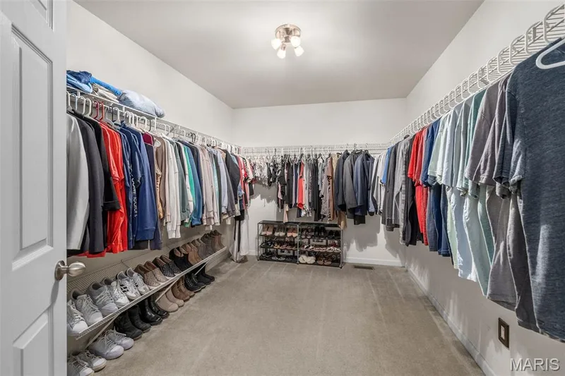 Spacious walk-in closet with carpet flooring, track lighting, and extensive wall-mounted shelving — 543 Country Chase Drive, Lake St. Louis, MO 63367
