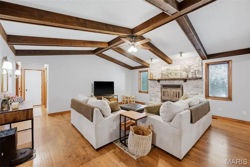 Vaulted Living Room with Wood Burning Fireplace — 416 Morningside Drive, St Peters, MO 63376