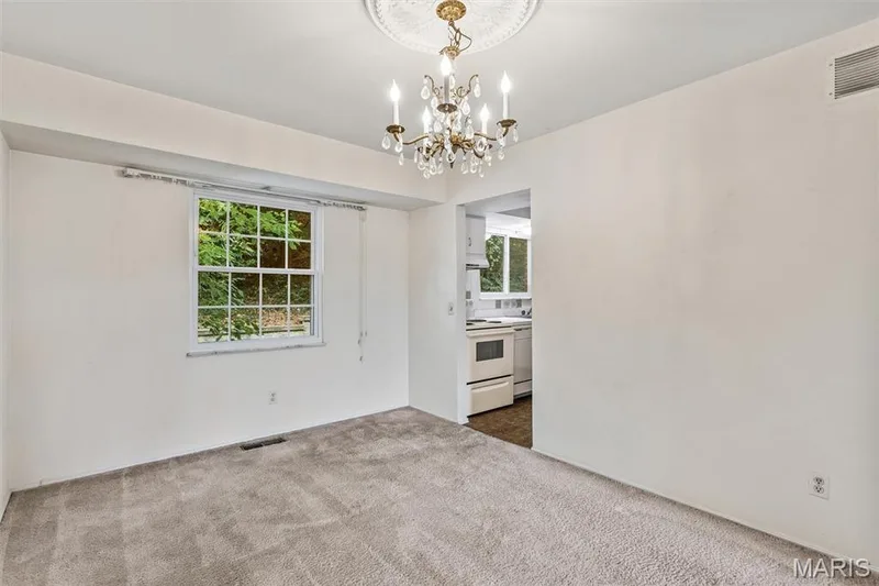 Recessed ceiling lighting with a decorative medallion and chandelier, light-toned carpeting, and a window with a wooded backdrop — 1192 Cantina Drive, Chesterfield, MO 63141