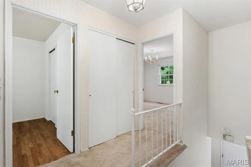 Interior hallway with wood-finish flooring, white doors, and a built-in overhead light fixture — 1192 Cantina Drive, Chesterfield, MO 63141