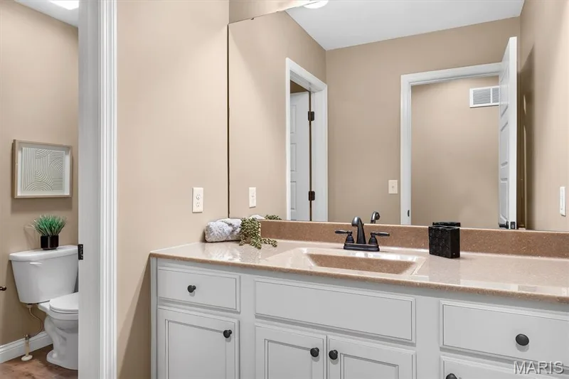 Expansive vanity with a built-in sink, stone-finish countertop, and full-width mirror — 56 Huntleigh Park Court, Wentzville, MO 63385