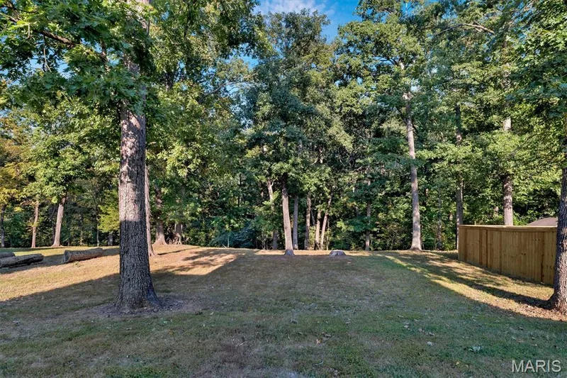 Expansive backyard featuring mature trees, a gently sloping lawn, and a natural wood privacy fence — 56 Huntleigh Park Court, Wentzville, MO 63385
