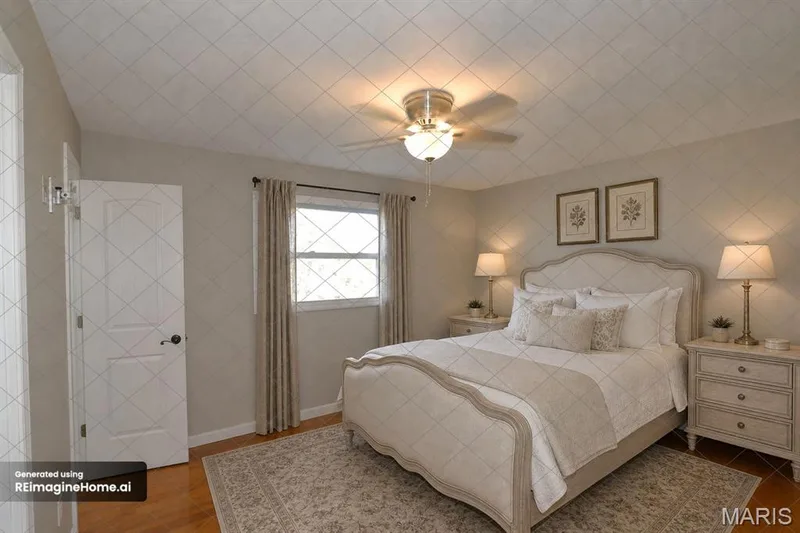 VIRTUAL PRIMARY BEDROOM - Wood-finish flooring, ceiling fan with integrated lighting, and a paneled door — 3 Oxbow Road, St Peters, MO 63376