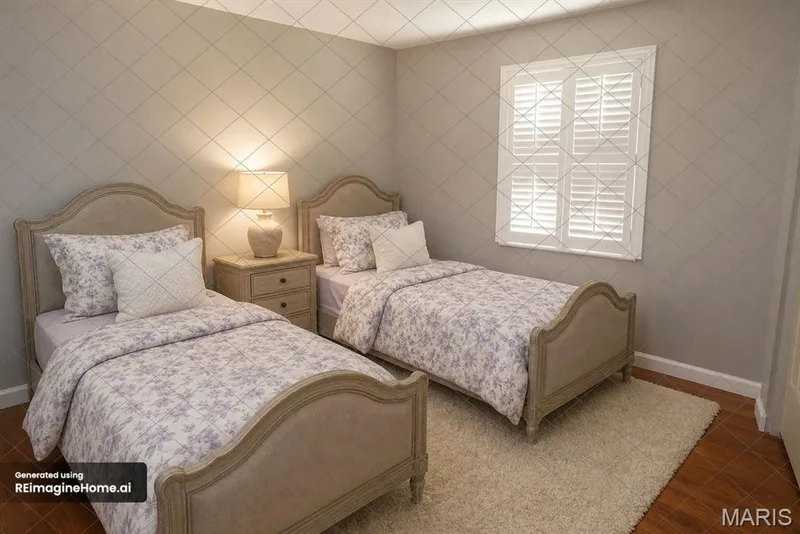 VIRTUAL BEDROOM #3 - Window with white plantation shutters, patterned wallpaper, and wood-finish flooring — 3 Oxbow Road, St Peters, MO 63376