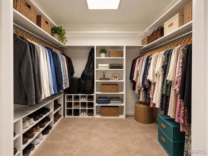 Custom-designed closet system featuring extensive hanging storage, multiple shelving units, and dedicated shoe organizers — 15631 Hedgeford Court #9, Chesterfield, MO 63017