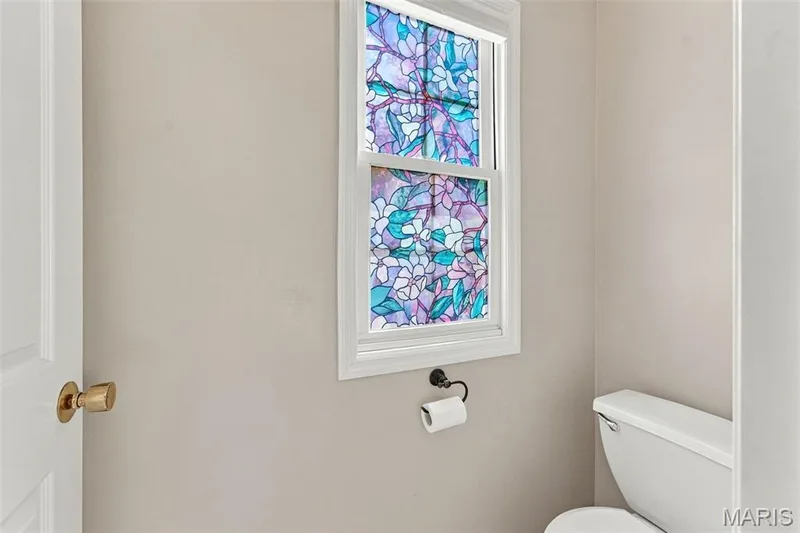 White framed window featuring a decorative floral pattern — 8 Jacobs Place Court, O'Fallon, MO 63376