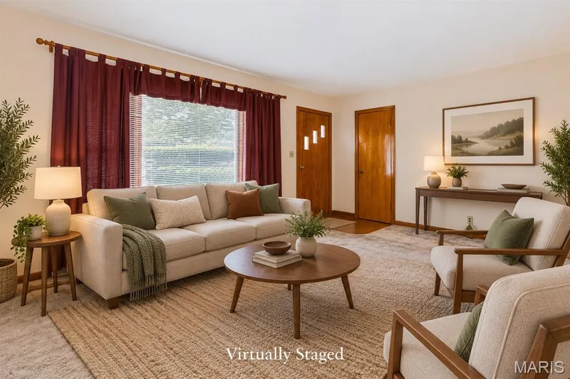 Virtually Staged Living Room at the Front Entry - Hardwood Floors under the Carpeting — 219 Mexico Road, Wentzville, MO 63385