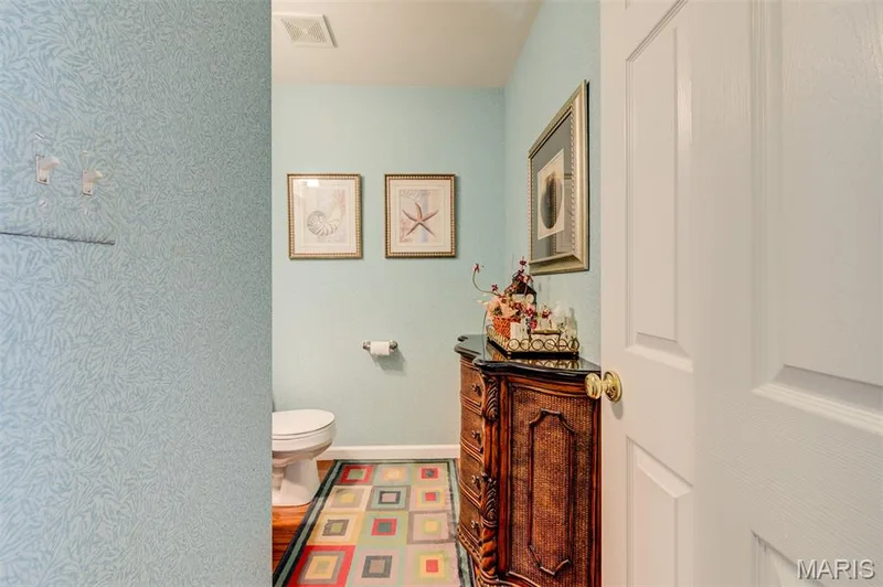 Rich wood-tone vanity with a dark countertop and brass hardware — 820 Brookmead Drive, O'Fallon, MO 63366